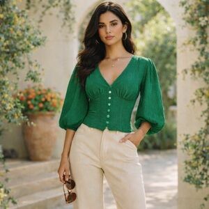 Easel Los Angeles NWT Emerald Green Textured Button Front Puff Sleeve Top, Sz S